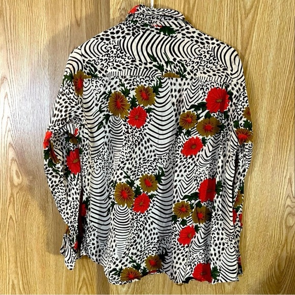 Button Down Brown Leopard Floral Print Cotton Shirt Blouse - Picture 3 of 6